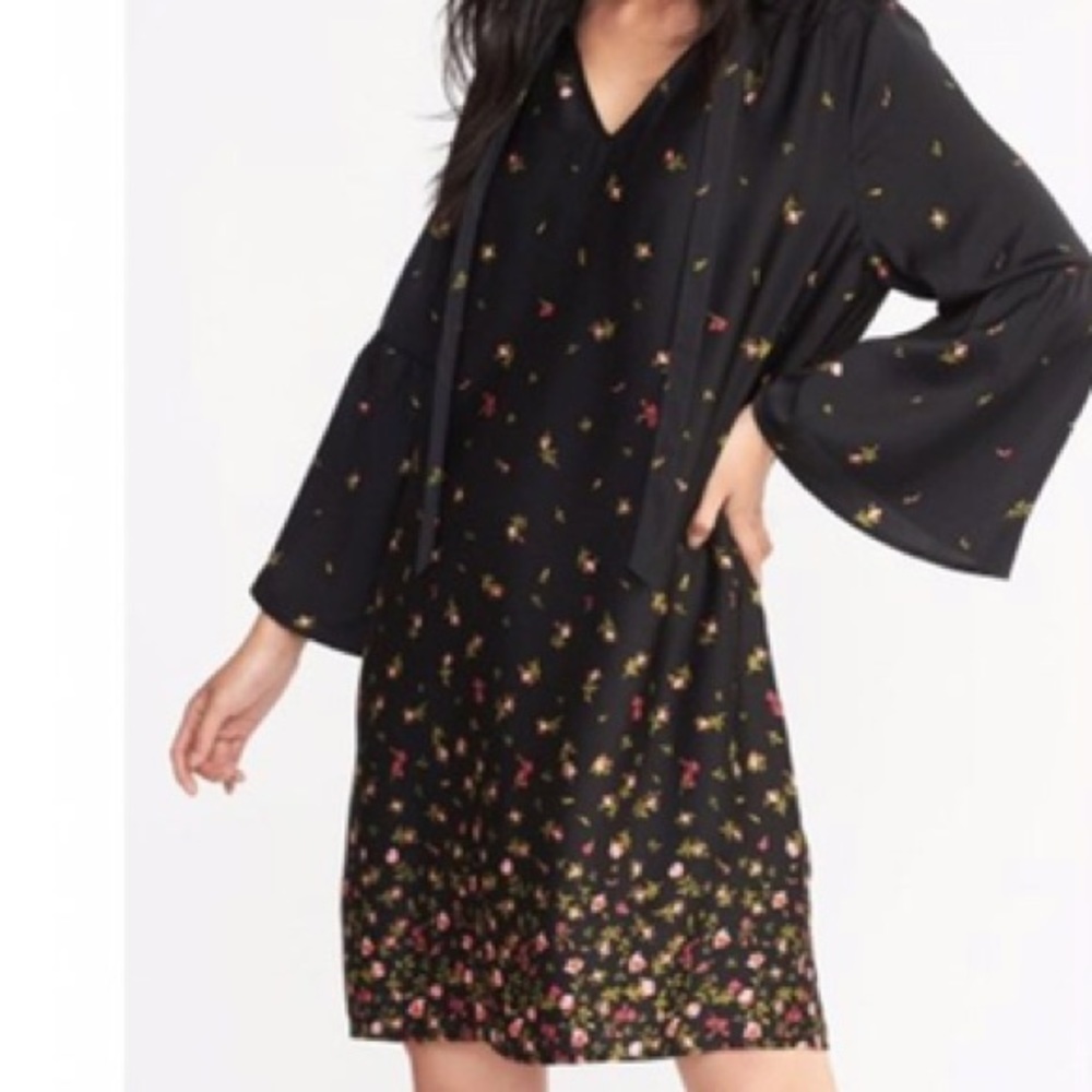 Floral Shift Dress with Bell Sleeves V Neck